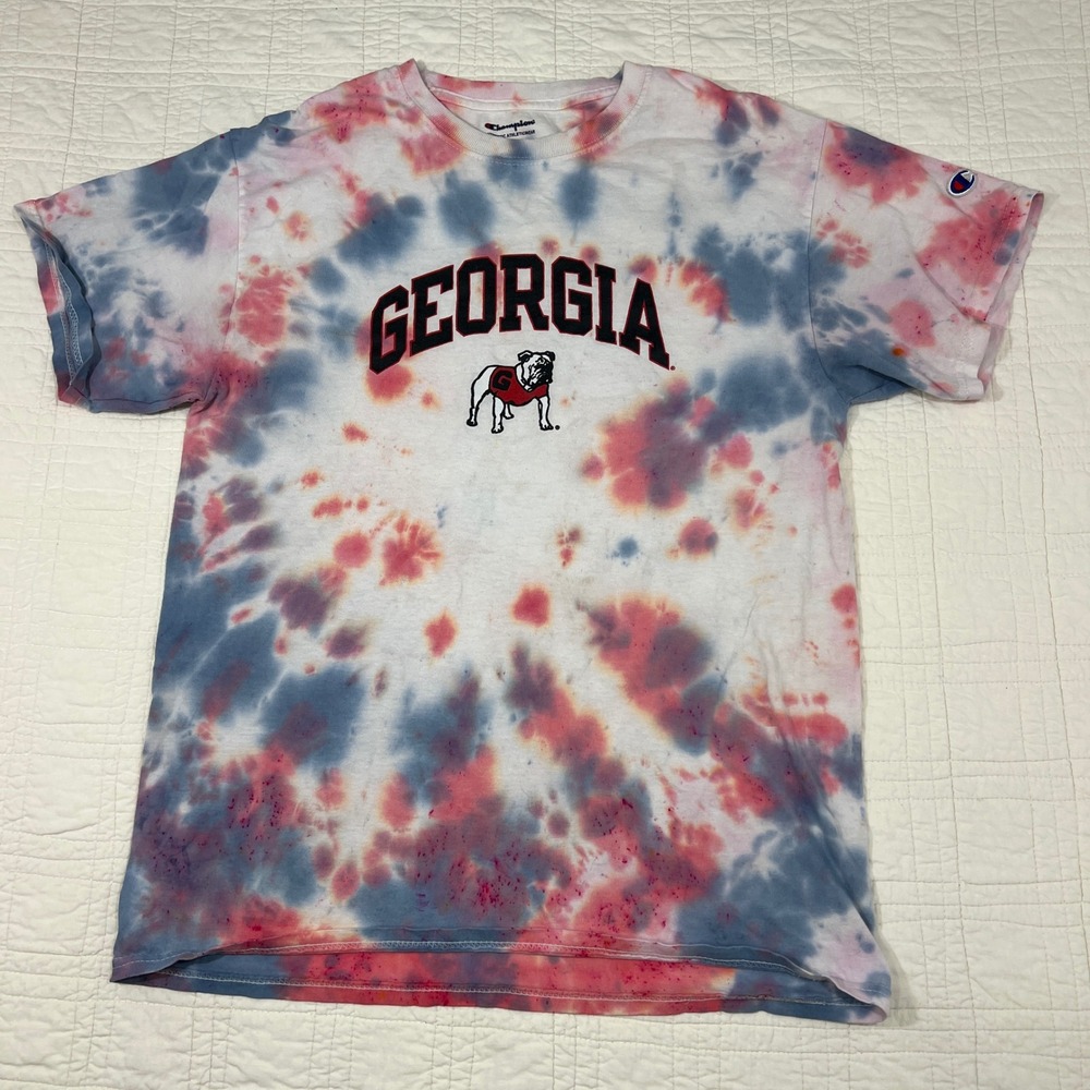 Champion Georgia Bulldogs Tie Dye T-Shirt Mens Medium Red Blue UGA Mascot Tee - Picture 2 of 7